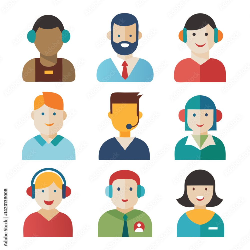 A diverse team of friendly customer service representatives ready to assist, depicted in a vibrant flat design style with bold colors and simple shapes. A diverse team of friendly customer service representatives ready to assist, depicted in a vibrant flat design style with bold colors and simple shapes.