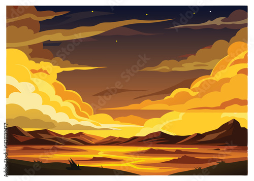 Dusk Sky with Golden Tones Vector Illustration Beautiful Twilight Horizon Scene with Warm Colors