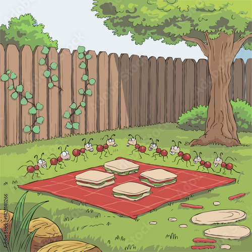 A Line of Ants Marching Towards Sandwiches on a Red Checkered Blanket in a Sunny Backyard Setting