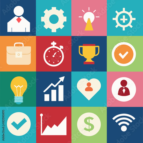 A vibrant collection of icons celebrating business success, growth, and teamwork, featuring bold colors and simple shapes in a flat design style.