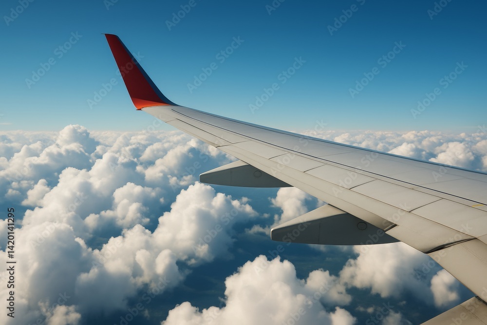Airplane wing view high above clouds on a bright sunny day in the sky from aircraft window seat Airplane wing view high above clouds on a bright sunny day in the sky from aircraft window seat