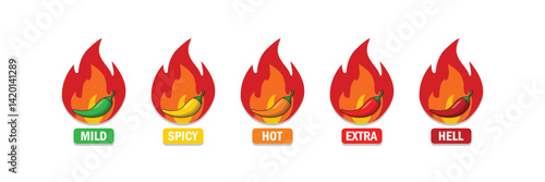 Spicy level labels. Chili spicy meter. Red spicy chili peppers. Spicy and hot. Vector illustration