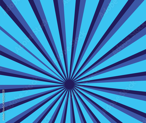 Sky blue radial beam sunrise or sunset light retro design illustration. Light sunburst glowing background.
