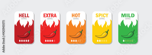 Hot spicy level labels of vector jalapeno, chili, cayenne peppers with fire flames. Spicy food or sauce taste scale indicators, green, red, yellow and orange rating signs for hot, extra and mild taste