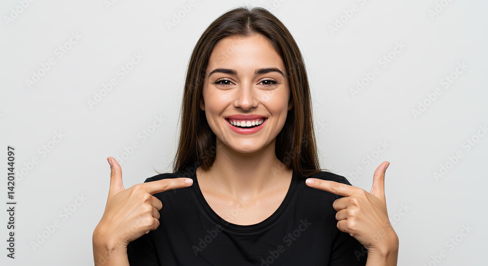 Happy woman pointing at smile showing positivity confidence grey background. Happiness, self-confidence, positive emotion concept. Happy woman pointing at smile showing positivity confidence grey background. Happiness, self-confidence, positive emotion concept.