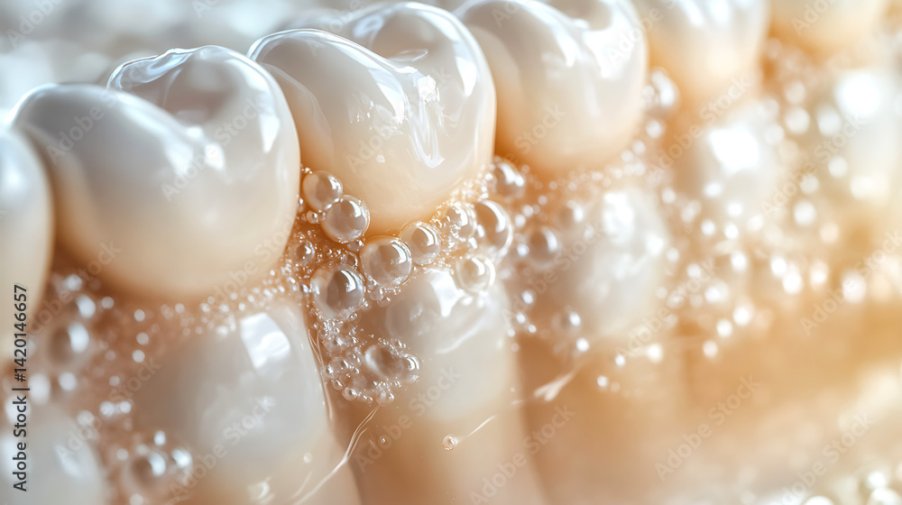 Close-up of Teeth with Toothpaste Foam Bubbles - Oral Hygiene and Dental Care Close-up of Teeth with Toothpaste Foam Bubbles - Oral Hygiene and Dental Care
