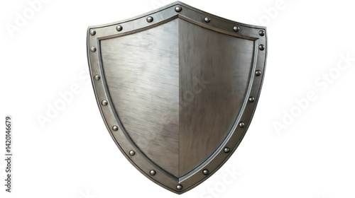 3d render of medieval metal shield with rivets, isolated on transparent background, high resolution fantasy armor for game asset or historical design