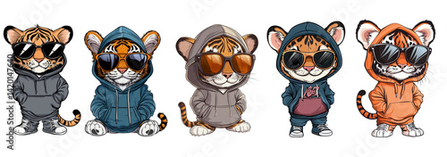 Set of five cute cartoon tiger cubs in hoodies and sunglasses, standing or sitting confidently in cool street style. Isolated PNG. AI generative.