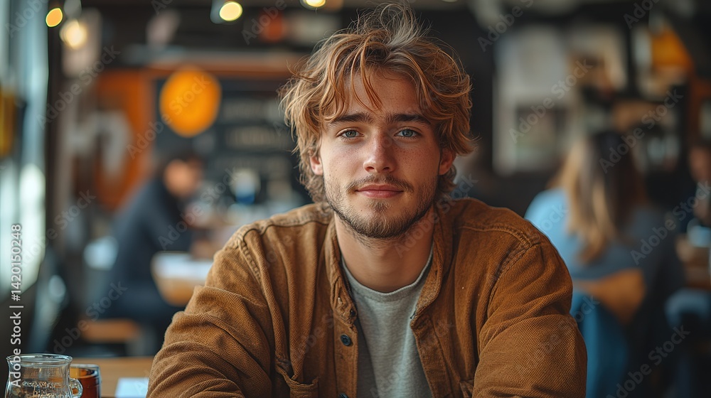 Obraz premium Young man with reddish hair smiles in a cafe setting with blurred background.