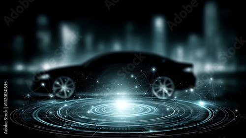 Future Car in a Digital Cityscape at Night with Glowing Circular Graphic Elements and Data Flows.
