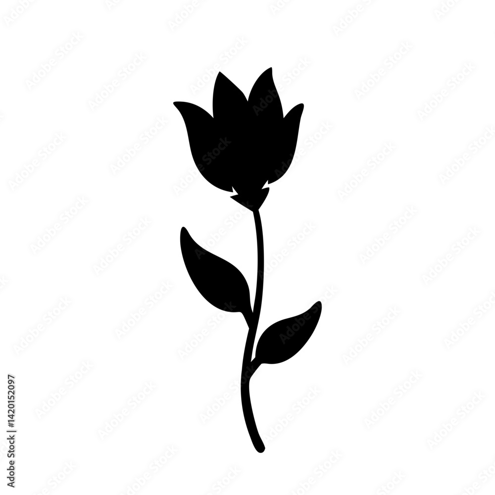 Obraz premium Black silhouette flower vector drawing illustration of single tulip with leaves and stem isolated