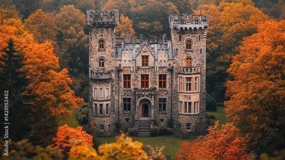 Naklejka premium A historic castle surrounded by autumn trees, cinematic look 