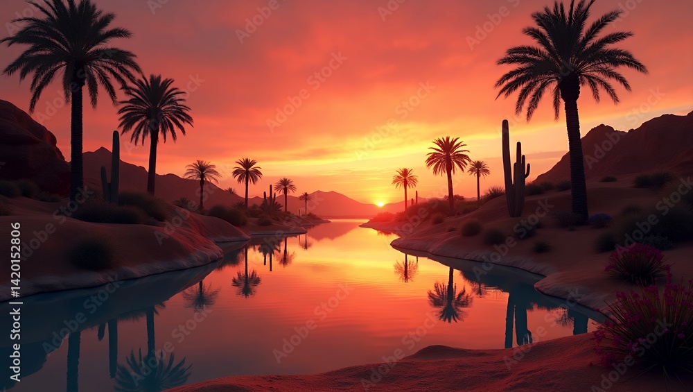 Obraz premium Still Desert Oasis at Sunset Reflecting Orange Sky and Palm Trees
