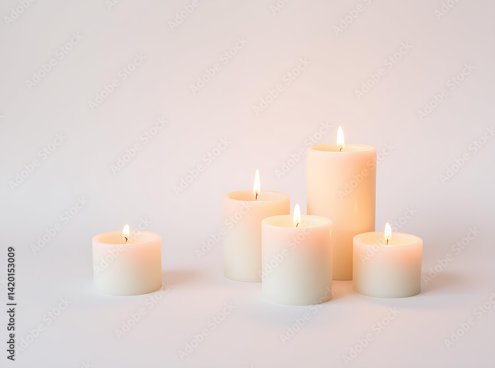Group of Five Softly Glowing Cream-Colored Pillar Candles on a Light Background Group of Five Softly Glowing Cream-Colored Pillar Candles on a Light Background