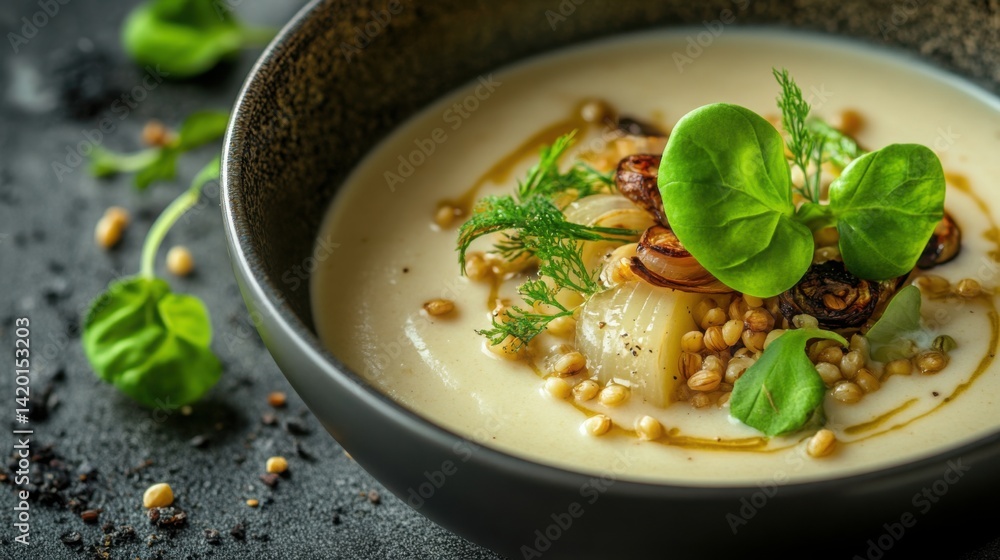 Velvety cream of asparagus soup with golden roasted onions and barley grains, topped with vibrant green leaves Velvety cream of asparagus soup with golden roasted onions and barley grains, topped with vibrant green leaves