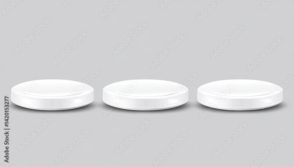 Three white, round, podiums Three white, round, podiums