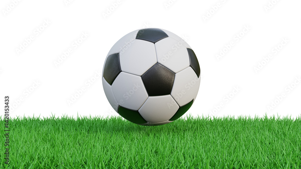 Obraz premium Soccer ball on green grass isolated background. A classic football on the ground. Soccer ball with green grass on isolated background. Football ball on green grass.