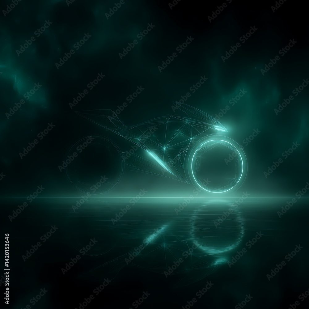 Futuristic Light Cycle Reflection on Dark Surface in Virtual Space with Glowing Teal Blue Hues. Futuristic Light Cycle Reflection on Dark Surface in Virtual Space with Glowing Teal Blue Hues.