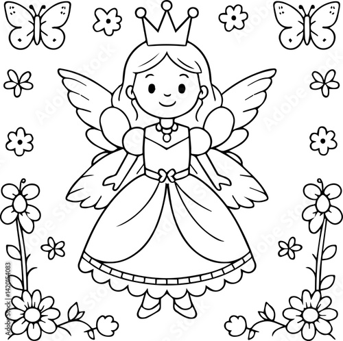 Fairy princess line art vector for kids printable activity