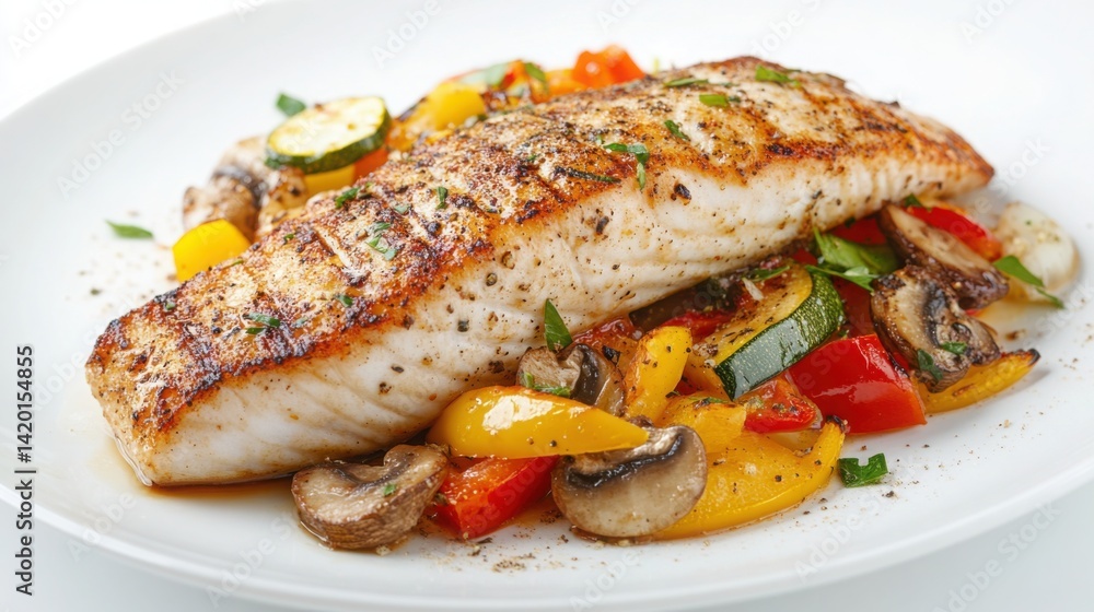 Whole grilled seabass fillet placed on a clean white plate with yellow and red bell peppers Whole grilled seabass fillet placed on a clean white plate with yellow and red bell peppers