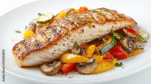 Whole grilled seabass fillet placed on a clean white plate with yellow and red bell peppers