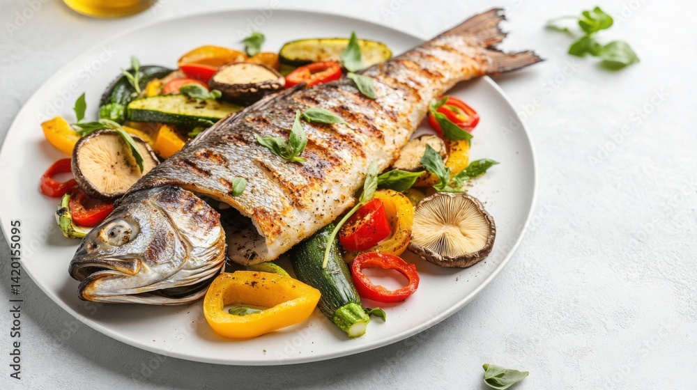 Whole grilled seabass fillet seasoned with oregano and paired with colorful Whole grilled seabass fillet seasoned with oregano and paired with colorful