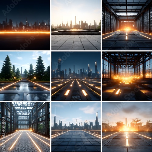 Futuristic Urban Landscape Glowing Light Perspectives Modern City Infrastructure Visual Scenery Collection.