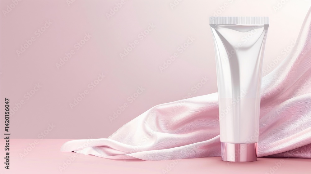 A sleek cosmetic tube rests on a soft pink surface, draped with silky fabric, creating an elegant and minimalist aesthetic. A sleek cosmetic tube rests on a soft pink surface, draped with silky fabric, creating an elegant and minimalist aesthetic.