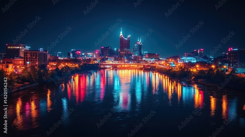 Fototapeta premium Nashville Riverfront at Night with Glowing Lights and Reflections on the Water's Surface