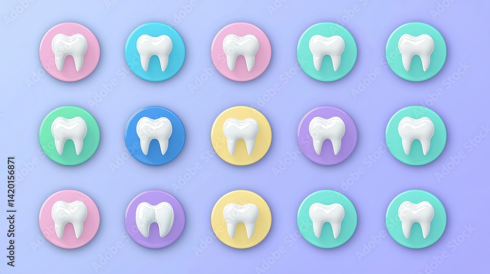 A set of colorful dental icons on a soft blue background, representing various dental procedures. A set of colorful dental icons on a soft blue background, representing various dental procedures.
