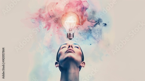 A creative depiction of a person with a light bulb above their head, symbolizing ideas and inspiration amidst colorful, abstract smoke.