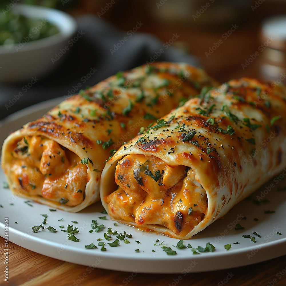 Two delicious cheesy wraps with chicken, garnished with herbs, on a white plate.
