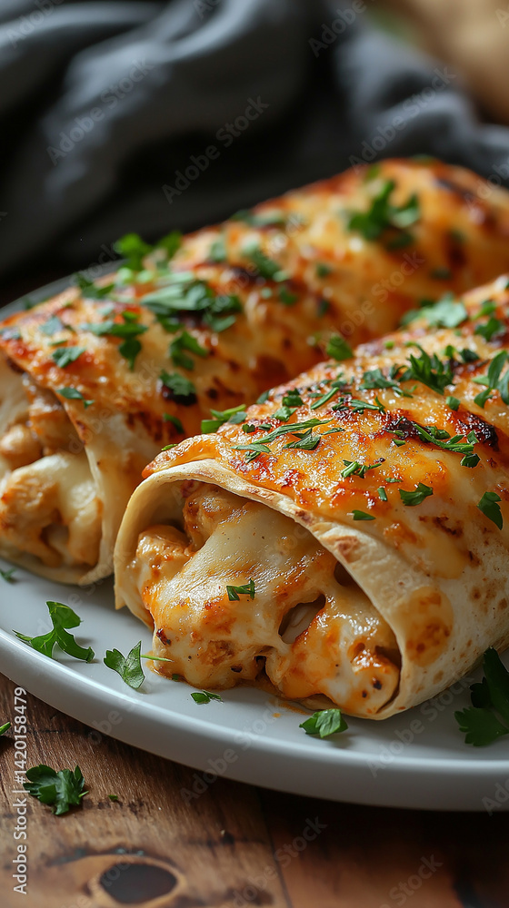 Two delicious cheesy wraps with chicken, garnished with herbs, on a white plate.