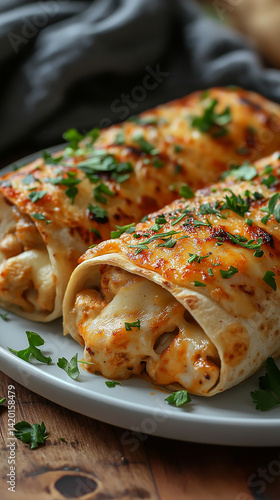 Obraz na płótnie Two delicious cheesy wraps with chicken, garnished with herbs, on a white plate. w salonie