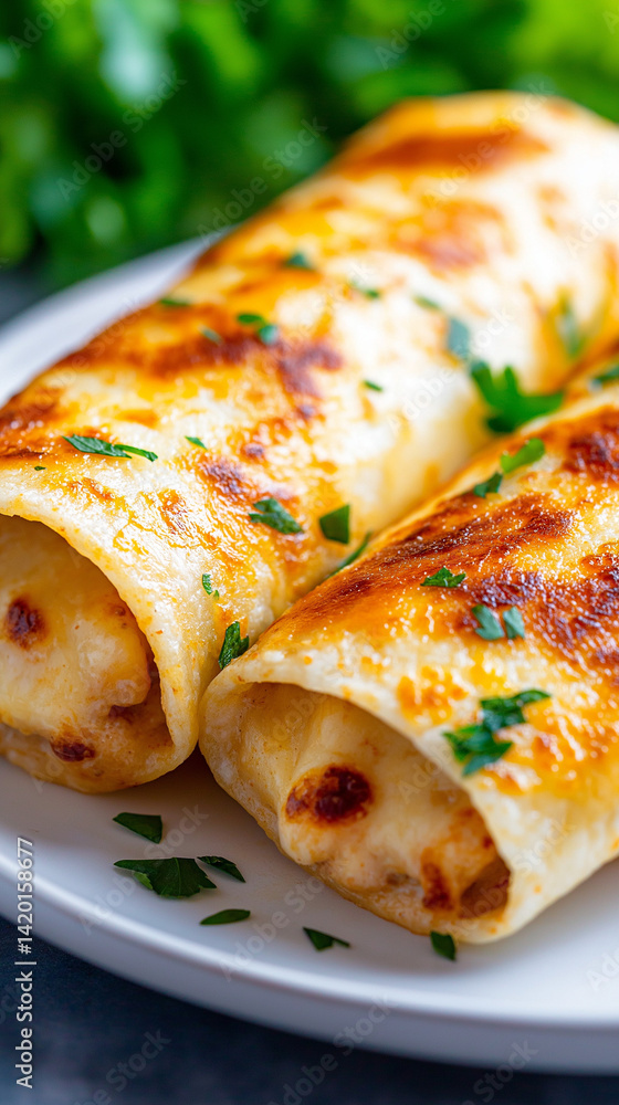 Two delicious cheesy wraps with chicken, garnished with herbs, on a white plate.