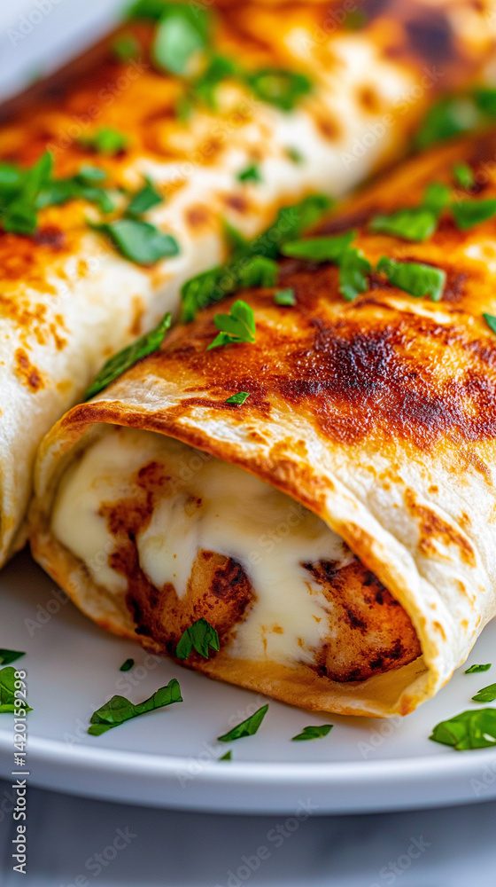 Two delicious cheesy wraps with chicken, garnished with herbs, on a white plate.