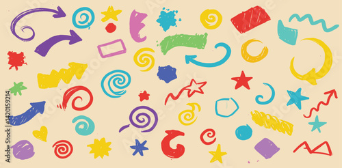 Doodle abstract shape background texture brush color set. Hand drawn sketch crayon scribble brush geometric shape color chalk effect background.