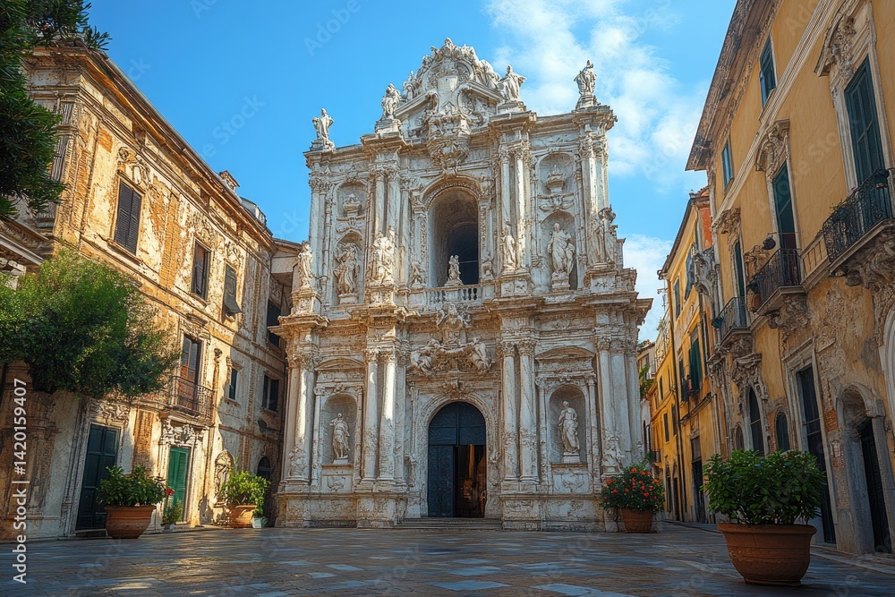 Fototapeta premium Ornate church facade in a European city square under a bright blue sky.