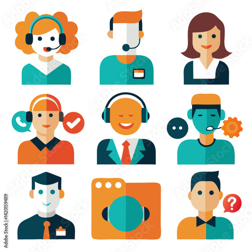 A diverse team of friendly customer service representatives providing excellent support with bright flat design icons and bold colors.