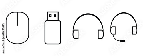multimedia icon set, mouse, usb, headphone