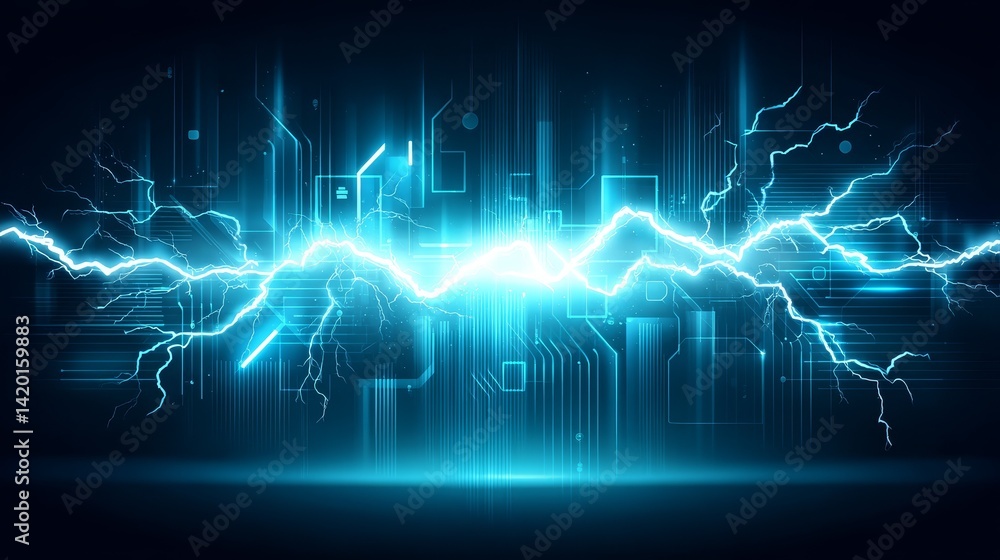 Electrifying blue lightning, a striking display of energy against dark background Electrifying blue lightning, a striking display of energy against dark background