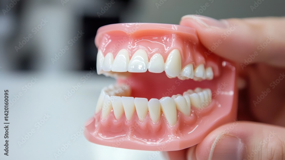 Obraz premium A dentist explaining veneer options to a patient using a sample model.