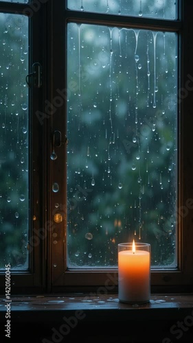 Warm candlelight glows softly against rainy windowpanes creating peaceful ambiance. AI Generated