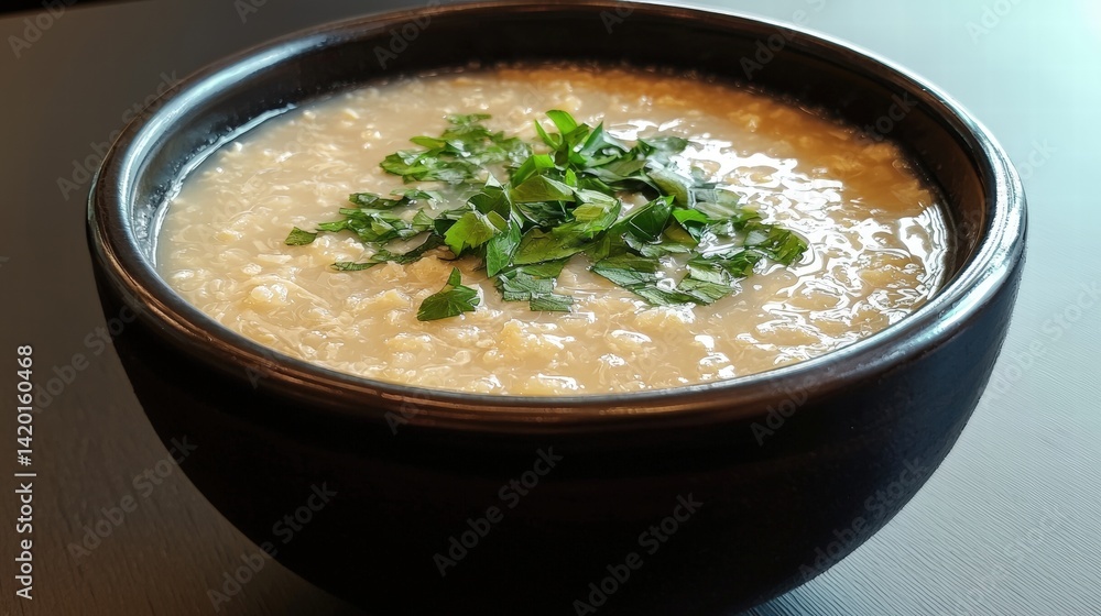 Creamy hot rice porridge served in a black bowl garnished with fresh herbs, traditional comfort food for breakfast or cold days, close-up Creamy hot rice porridge served in a black bowl garnished with fresh herbs, traditional comfort food for breakfast or cold days, close-up