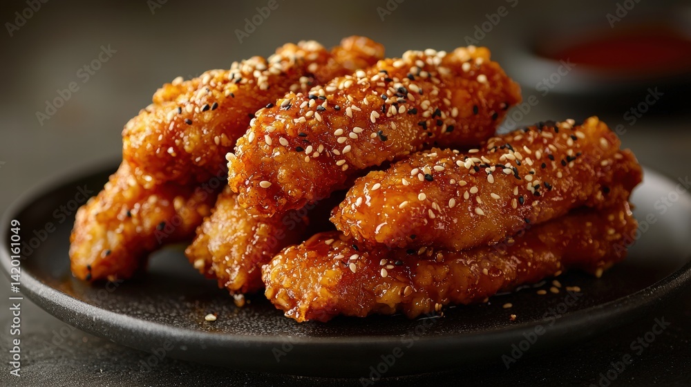 Crispy golden fried chicken tenders coated with sesame seeds served on a black plate with dipping sauce in the background, delicious snack or meal option Crispy golden fried chicken tenders coated with sesame seeds served on a black plate with dipping sauce in the background, delicious snack or meal option