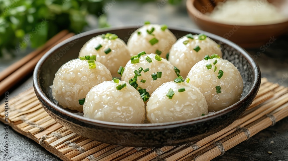 Assorted traditional Asian rice balls garnished with chopped green onions served in a black ceramic bowl on a bamboo mat with a wooden spoon in the background Assorted traditional Asian rice balls garnished with chopped green onions served in a black ceramic bowl on a bamboo mat with a wooden spoon in the background