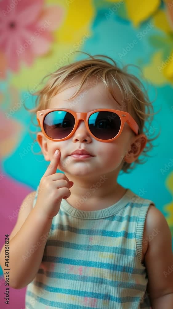 Joyful toddler playfully poses wearing bright sunglasses against a vibrant backdrop. AI Generated Joyful toddler playfully poses wearing bright sunglasses against a vibrant backdrop. AI Generated