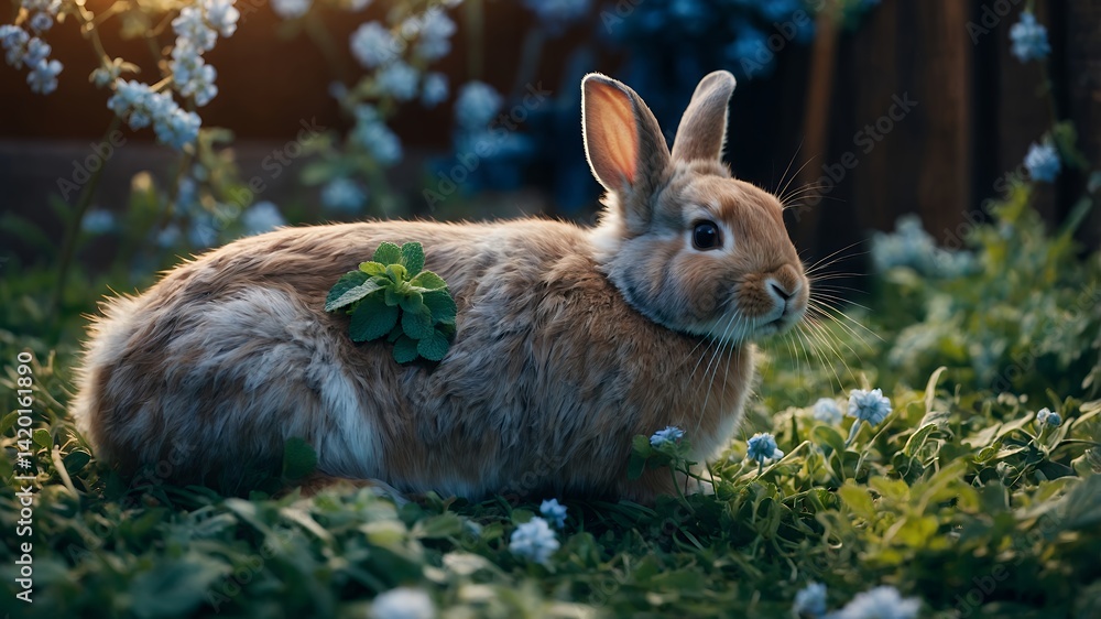Fototapeta premium Resting Rabbit in Meadow with Wildflowers and Evening Light