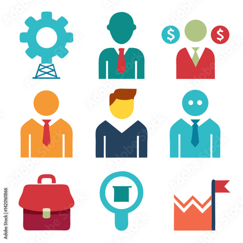A vibrant team of diverse professionals collaborating towards shared success, symbolized by colorful icons representing teamwork, growth, and financial prosperity with a clean, flat design.