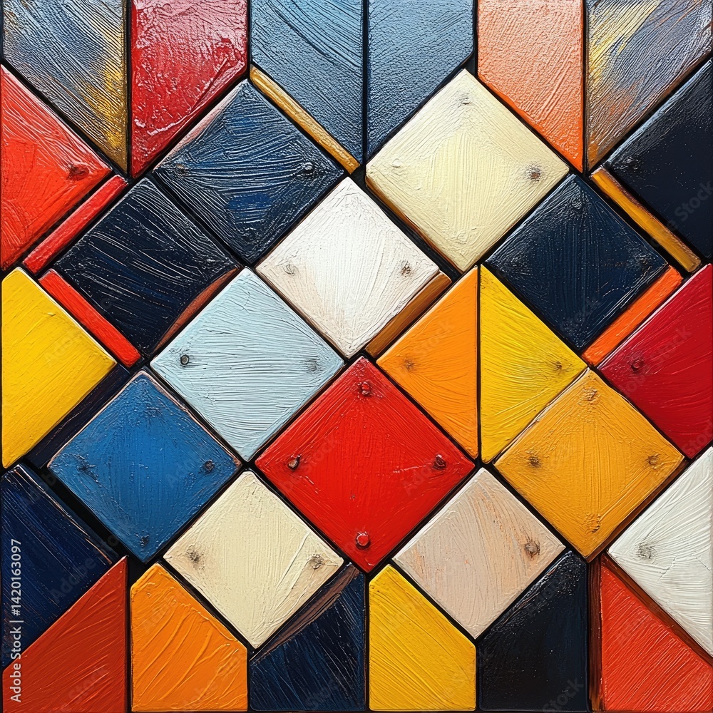 Fototapeta premium Abstract geometric pattern made of colorful wood blocks arranged in a diamond shape.